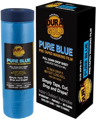 Dura-Gold 71" x 65' Pure Blue Pre-Taped Masking Film - Painters Plastic Roll (0.4 Mil) Pull Down Drop Sheet, Pre-Taped Plastic Sheeting for Painting Protection on Auto, Walls, Furniture by Dura-Gold