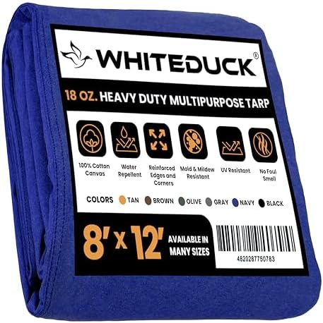 WHITEDUCK Canvas Tarp 18 oz. Heavy Duty Water Repellent UV Resistant, Rustproof Grommets, Industrial & Commercial Use Cloth Tarp (Cut Size: 8'x12', Finished Size: 7'6"x11'6", Blue) by WHITEDUCK