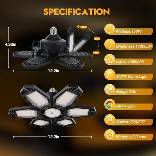 TANBABY 2 Pack Warm Garage Lights, Deformable Ceiling Light, 12000LM 3000K - Image 4