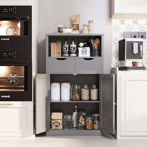 Shintenchi Floor Storage Cabinet, Bathroom Storage Organizer with Doors and Drawers, Freestanding Side Cupboard Pantry with Adjustable Shelf for Bathroom/Kitchen/Livingroom, Gray - Image 4