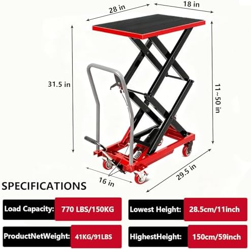GarveeTech Hydraulic Lift Table Cart, 770Lbs Load Capacity 59 Inch Lifting Height, Manual Double Scissor Lift Table with Non-Slip Pad and 4 Wheels,Hydraulic Scissor Cart (770lbs-Double-Red Black) - Image 2