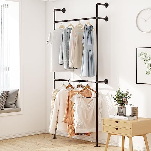 ORSENIGO Industrial Pipe Clothing Rack, Heavy Duty Metal Clothes Rack with Double Rods for Hanging Clothes, Wall Mount Space-Saving Garment Display Rack - Image 7