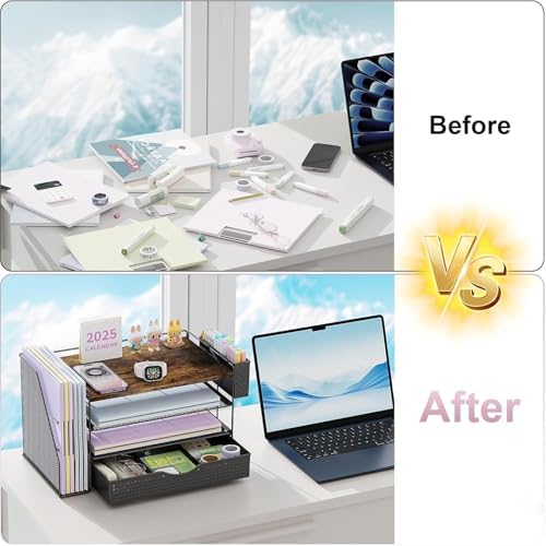Wood Desk Organizers and Accessories with File Sorters, 4-Tier Desk Accessories & Workspace Organizers with Drawer and Pen Holder, Desk Reference Organizer (Wood, 4T with Drawer) - Image 2