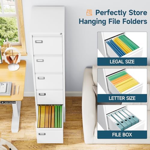 MIIIKO 5 Drawer File Cabinet with Lock, Metal Vertical Filing Cabinets for Home Office,File Folders Storage Cabinet for Letter Legal A4 File Size - Image 4