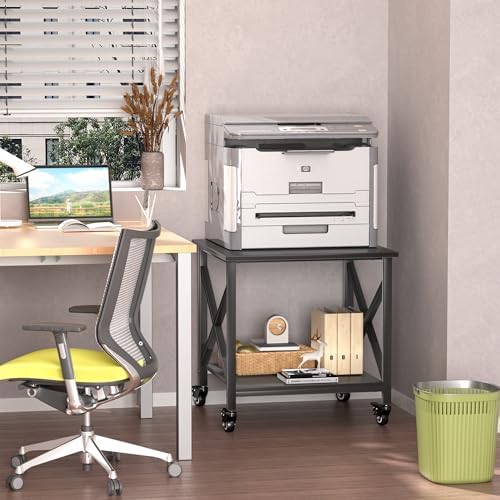Printer Stand, 23.6 x 23.6 Inches Large Printer Stand with Storage Shelf, 2 Tier Printer Table for Home Office, Rolling Printer Cart with Industrial Wheels, Mini Fridge Stand Table, Black - Image 3