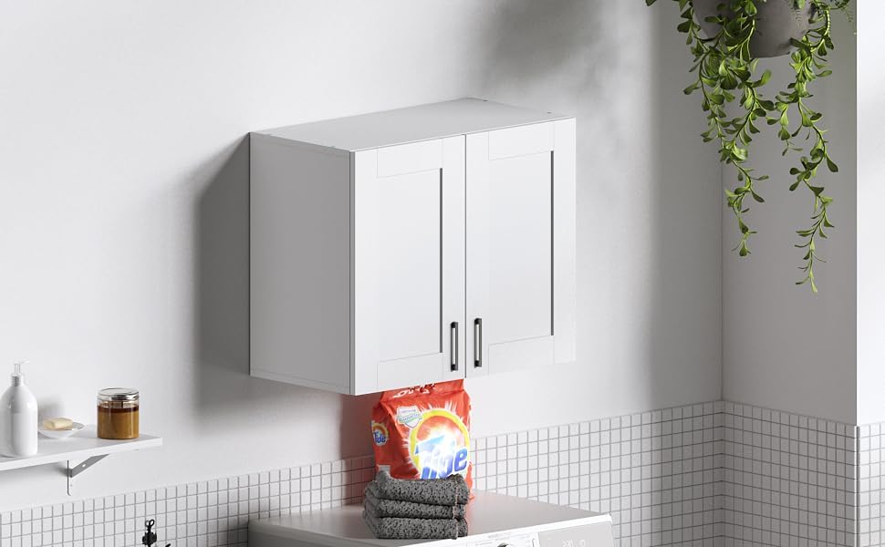 White Laundry Room Cabinets and Storage with 2 Doors and Utility Adjustable Shelf，Gabinetes Para Cocina Cupboard Kitchen Organizers and Storage Pantry Wall Mounted 12.4"D x 23.6"W x 19.7"H - Image 7