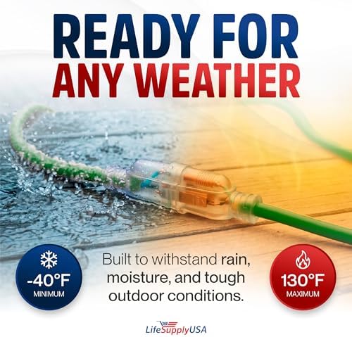100ft Outdoor/Indoor Extension Cord 16/3 Gauge Heavy Duty 3 Prong SJTW, Waterproof, Flexible Cold-Resistant Long Power Cord,10A 125V 1250W, Green by LifeSupplyUSA - Image 5