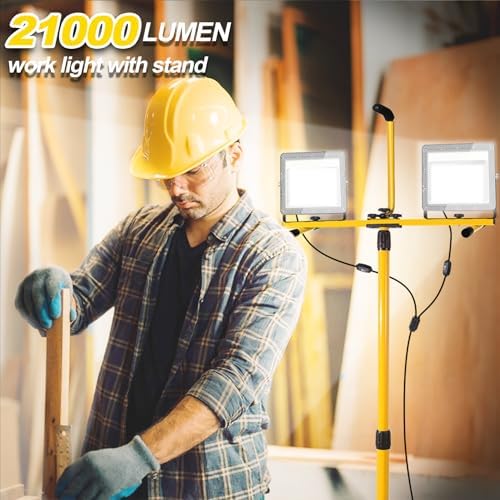 Work Lights with Stand 21000 Lumen, 2 Adjustable Heads Work Lights on Stand, with Adjustable and Foldable Tripod Light Stand for Outdoor Indoor Workshop Garage Construction Site Lighting - Image 3