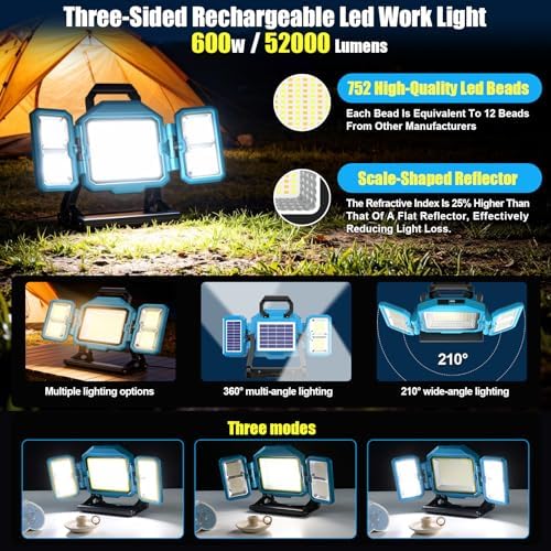 600W Solar 52000MAh Rechargeable Work Light, 52000 Lumen Foldable LED Work Lights with 3 Modes,Stand 360° Rotatable,IP66 Waterproof Portable Cordless Job Site Lighting for Construction Site, Workshop - Image 2