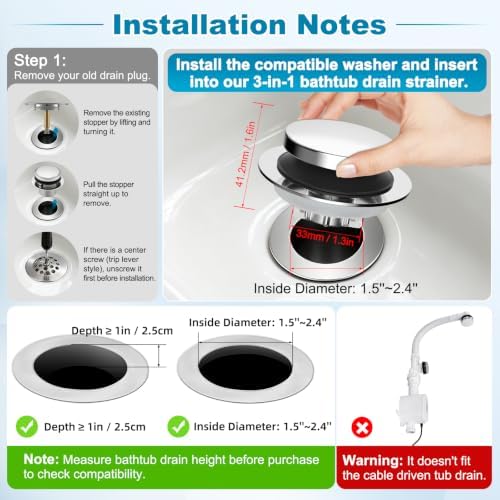 Hibbent 3 in 1 Metal Bathtub Drain Stopper, Universal Pop Up Tub Stopper - Image 4