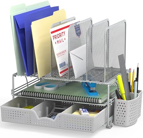 Simple Houseware Desk File Organizer for Office Supplies w/Drawer, Silver by SimpleHouseware
