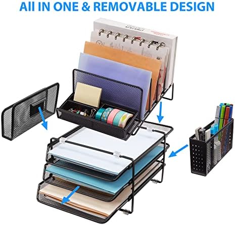 DESIGNA Stackable Mesh Desk Organizer with 3 Sliding Letter Tray Drawers, 4 File Holders Sorter Section, 2 Side Compartments, Pencil Holder Non-slip All In One Desktop Organizers Office Storage, Black - Image 5