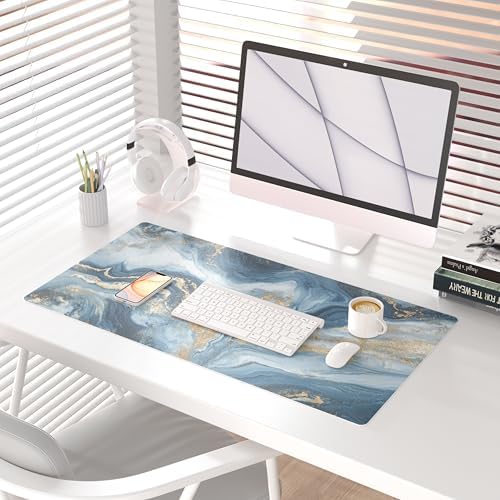 QiyI PU Leather Large Mouse Pad, 31.5" x 15.7", Blue White Marble - Image 2