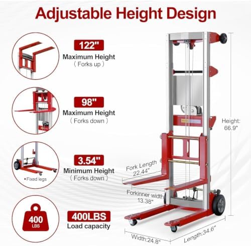 Material Lift Winch Stacker, 400 lbs Capacity, 122" Max Raised Height, Fixed Straddle Hand Winch Lift Trucks for Warehouse, Factory, Library, 34.60"L x 24.80"W,Red - Image 2