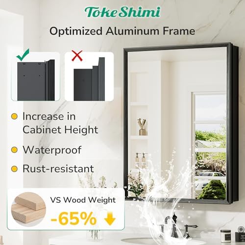 TokeShimi 30 x 26 Medicine Cabinet Mirror for Bathroom, Assembly Required, Black Recessed Medicine Cabinet with Mirror, Stepless Adjustable Shelves, Beveled Aluminum Frame, Tempered Glass - Image 4