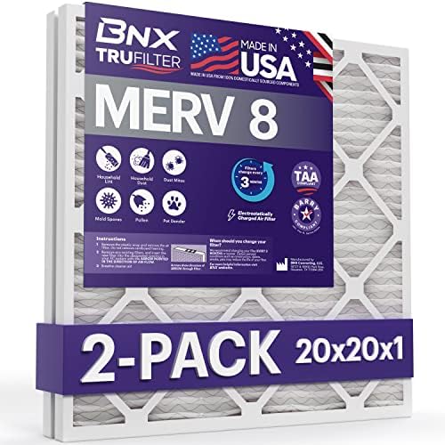 BNX 20x20x1 MERV 8 Air Filter 2 Pack - MADE IN USA - Electrostatic Pleated Air Conditioner HVAC AC Furnace Filters - Removes Dust, Mold, Pollen, Lint by BNX