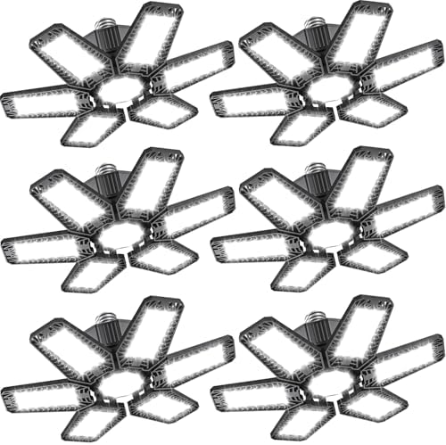 6 Pack Garage Light - 180W 18000 LM 6500K Deformable Garage Lights Ceiling LED with 6+1 Adjustable Panels, Shop Lights E26/E27 Screw Socket for workshops, Parking, Basement, Storage Room by LAMLAMCK