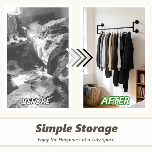 Industrial Pipe Clothing Rack, 32.6 Inch Wall Mounted Garment Rack, Space-Saving Heavy Duty Hanging Closet Rod, Detachable Iron Hanger for Closet and Laundry Room, 4 Bases - Image 4