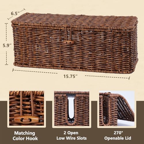 Cable Management Box, Cord Organizer with Lid & Cable Ties - Brown, L - Image 2