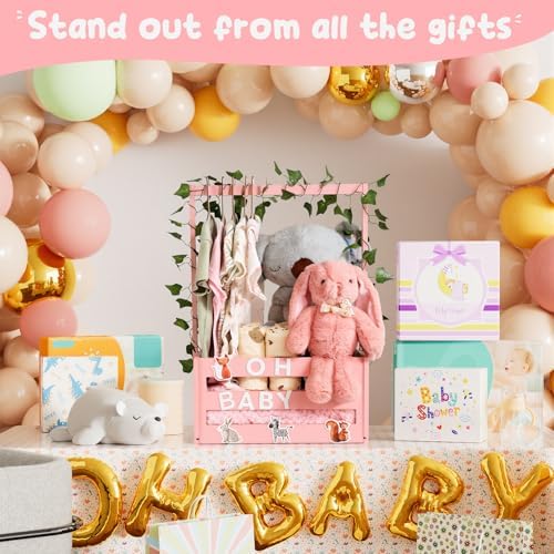 Baby Shower Gifts Basket Wooden Crate, Personalized Wooden Letters and Clothes Hangers New Born Baby Girl Boy Gifts Vine Decorations Cute Closet with Handle Pregnancy Gifts for New Mom Parents Pink - Image 4