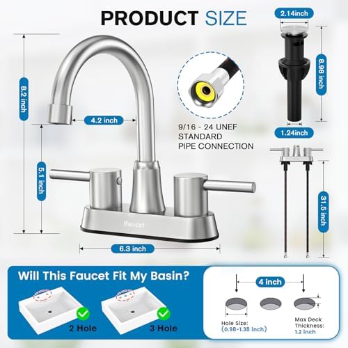 Bathroom Faucets, Bathroom Faucet 3 Hole, Bathroom Sink Faucet, Faucet for Sink 4 Inch 2 Handle Centerset, Lead-Free, with Copper Pop Up Drain (Brushed Nickel) - Image 2