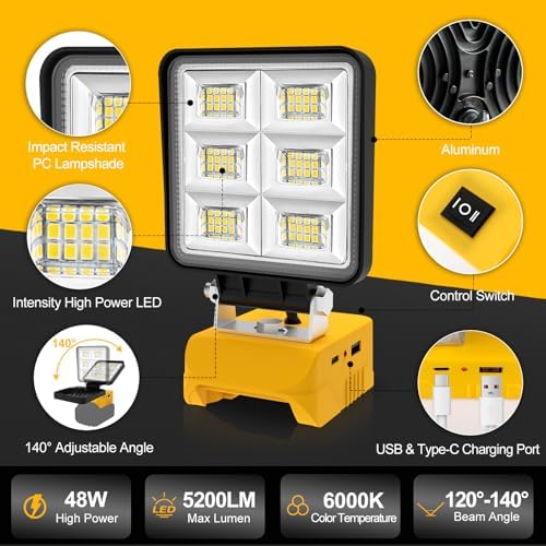 T-SUN 50W 5000LM LED Work Light Compatible with Dewalt 20V Max Battery - Image 2