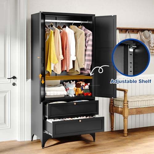 BYNSOE 71" Tall Metal Wardrobe Closet with 2 Drawers, Steel Armoire Cabinet with Hanging Rod and Adjustable Shelves, Freestanding Clothes Storage Organizer Furniture of Metal for Bedroom - Image 4