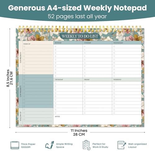 Weekly To Do List Notepad with 52 Undated Sheets（8.5"×11"）- Undated Weekly Planner Notepad for Office Desk Accessories and Supplies - Teal Petals - Image 3