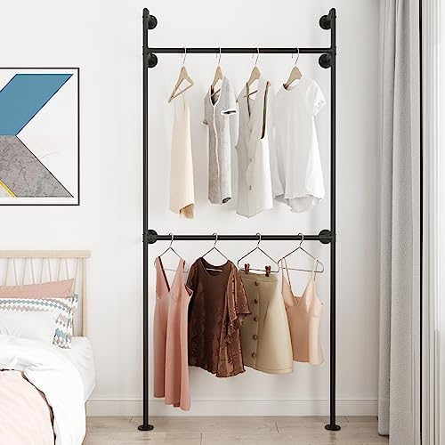 ORSENIGO Industrial Pipe Clothing Rack, Heavy Duty Metal Clothes Rack with Double Rods for Hanging Clothes, Wall Mount Space-Saving Garment Display Rack by ORSENIGO