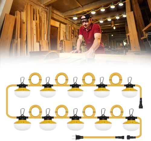 100 FT LED Construction String Lights, 90W 12600LM LED String Work Lights with 10 Bulbs & Hooks, IP65 Waterproof 6000K Industrial Grade Lighting for Renovation, Mine Cave, Job Site, Walkways by Unknown