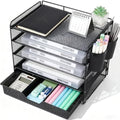 LEKETREE Desk Organizer and Accessories, 5-Tier Paper Letter Tray Organizer with Drawer & 2 Pen Holders for Desktop File Organization, Office Desk Accessories for Supplies Storage (Black) by Stylishworkspaceeffortlessorganization