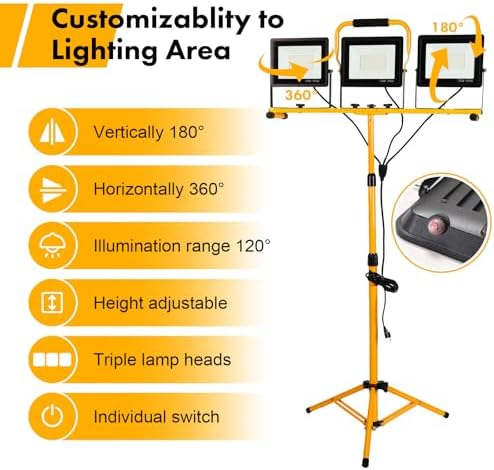 225W 22500 Lumen Work Lights with Stand, Three Head LED Work Light with Individual Switch, 16FT Power Cord, IP66 Waterproof, Adjustable Metal Telescoping Tripod for Indoor and Outdoor - Image 7