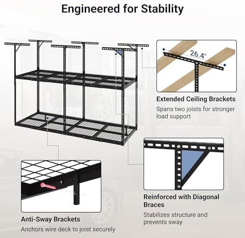 FLEXIMOUNTS 3x8 2-Tier Overhead Ceiling Garage Storage Rack, Black - Image 6