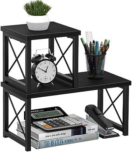 Honiter Desk Shelf Desktop Organizer 2 Tier Wood Small Bookshelf,Rustic Brown Freestanding Adjustable, Organizer, Stackable, Desk Stand, Storage Organizers, Kitchen Counter Display Rack by Honiter