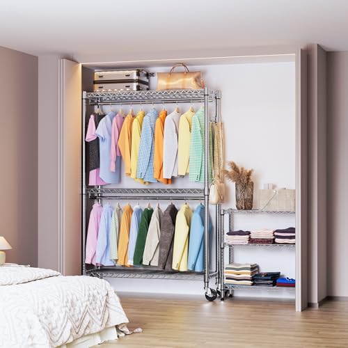 IZEUK Heavy Duty Rolling Garment Rack Wire Clothes Rack for Hanging Clothes (Chrome, 3 Tier with 2 Rod, 15.7" D x 45.3" W x 79.6" H) - Image 7