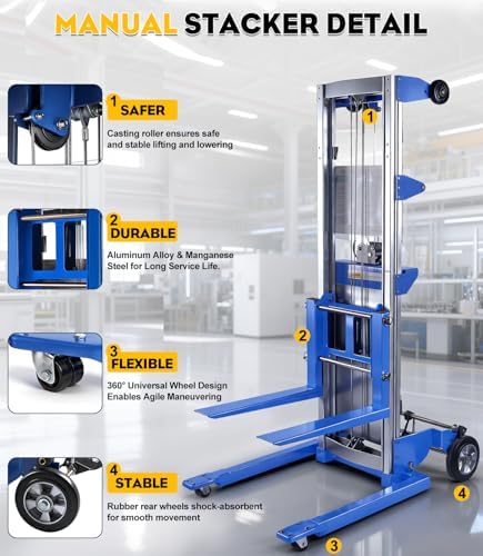 Material Lift Winch Stacker, 123'' Manual Material Lifts, Heavy Duty Pallet Truck Dolly with Adjustable Fork,6 Wheels, Adjustable Straddle Hand Winch Lift Trucks for Warehouse, Factory, Load 410 Lbs - Image 4