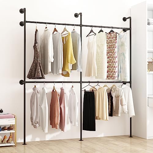 ORSENIGO Industrial Pipe Clothing Rack, Heavy Duty Metal Clothes Rack with Double Rods for Hanging Clothes, Wall Mount Space-Saving Garment Display Rack (Double, Black) - Image 2