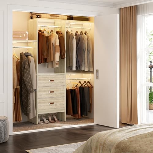 Armocity 5FT Small Closet System with 3 Fabric Drawers, 60'' Walk In Closet Organizer System With 3 Adjustable Shelves, Heavy Duty Clothes Rack Built-In Garment Rack, 59" L x 16" W x 71"H, White Oak - Image 2