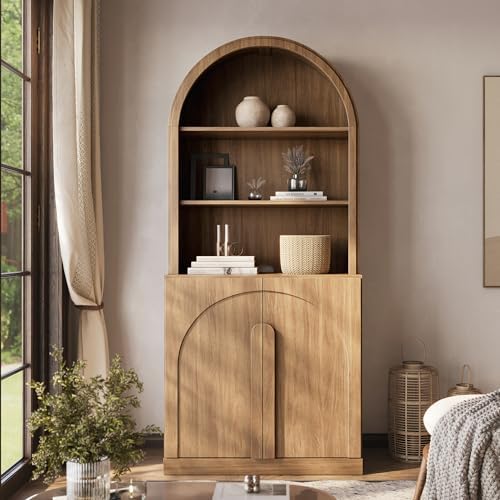 BELLEZE Arched Bookshelf with Storage, 71" Tall Wood Curio Display Cabinet with Adjustable Shelf, 5 Tier Modern Bookcase Shelf with Door for Living Room Office, Camel - Image 5
