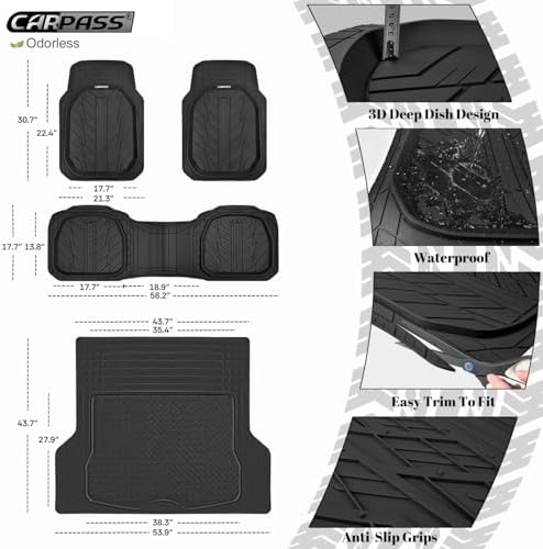 CAR PASS Deep Dish Floor Mats for Cars, Heavy Duty Rubber Floor Mats with Trunk Cargo Liner, Universal Trim-to Fit Automotive Floor mats for Truck Van SUV Waterproof All Weather Car Mats Solid Black - Image 2