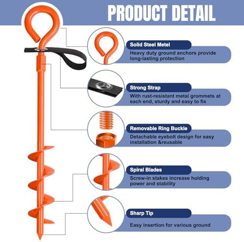 Eurmax USA 4 Pack Heavy Duty Ground Stakes&Anchors,Commercial Spiral Screw-in Trampoline Stakes with Reinforced Tie-Down Straps,High Wind Stabilizing Kit for Canopies,Outdoor Sheds,Swing Sets(Orange) - Image 4