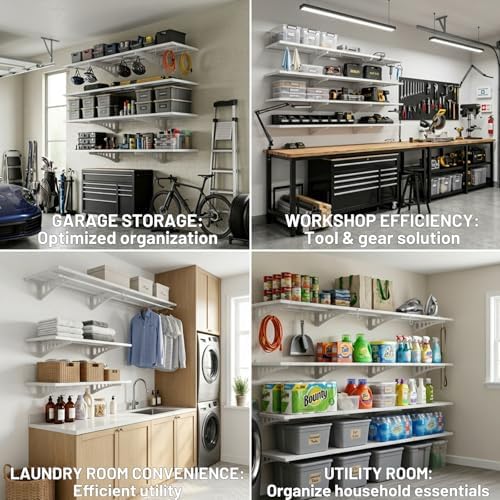 ZONEGRACE 4-Pack 1.5x4ft Garage Storage Wall Shelves, 1000 Lbs Heavy Duty Wall Mounted Shelves, Flat Rack Garage Floating Shelves With Complete Install Kit, White - Image 4