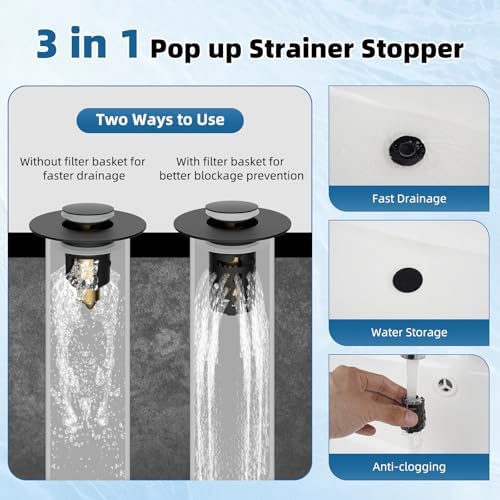 Universal Metal Bathroom Sink Stopper with Hair Catcher Strainer, Black - Image 2