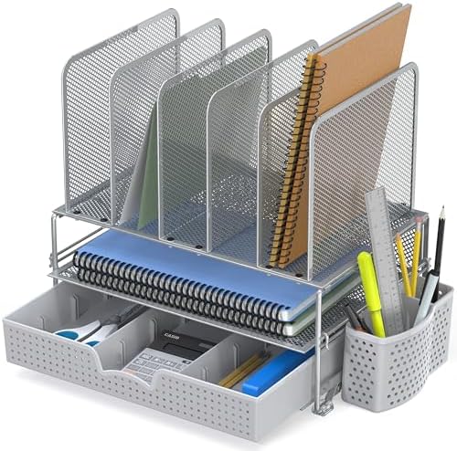 Simple Houseware Desk File Organizer for Office Supplies w/Drawer, Silver - Image 5