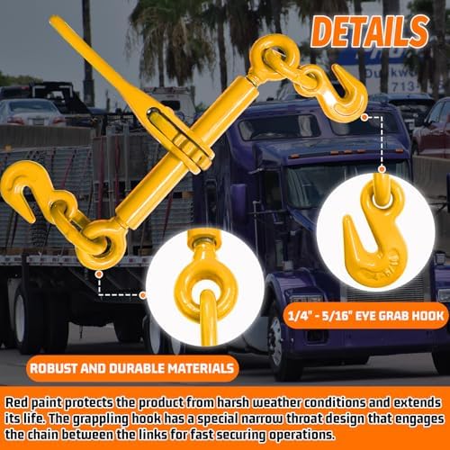 Ratchet Chain Binders 1/4''- 5/16'', Load Binder with G70 Grab Hooks, Adjustable 1/4" Binder for 1/4 Chains, 2200 Pounds Working Load Limit- Heavy Duty Ratchet Binders for Towing (2 Pack) - Image 3