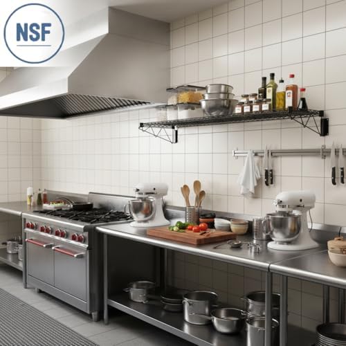 14" x 48" Wire Black Epoxy Wall Mount Shelf, Commercial Fixed Wall Mount Rack, NSF, Metal Floating Shelving for Kitchen, Stock Rooms, Home and Hotel - Image 2