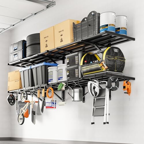 FLEXIMOUNTS 4-Pack 2x4ft Garage Wall Shelving, 8 Hooks, Heavy Duty, Black by FLEXIMOUNTS