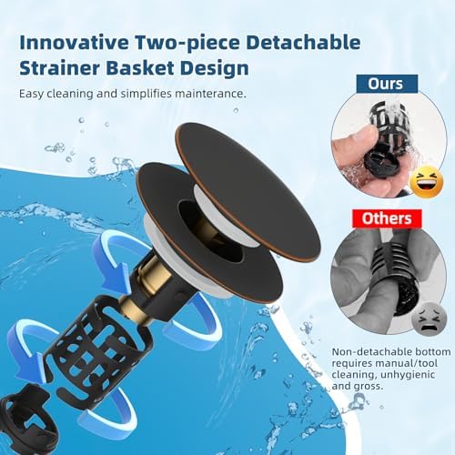 Hibbent Upgraded 3 in 1 Bathroom Sink Drain Strainer, Pop Up Sink Stopper with Big Push Cap, Anti-Clogging Metal Filter Basket,Sink Plug with Hair Catcher for 1.1''~2.36'' Basin, Oil-Rubbed Bronze - Image 4