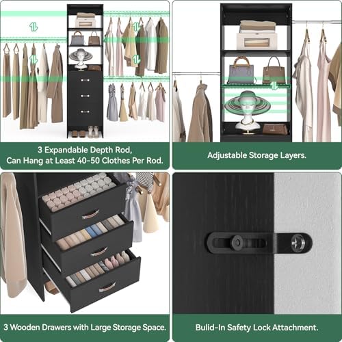 Besiost 96'' Closet Organizer System with 3 Hanging Rods, 8FT Closet Organizers and Storage with 3 Wooden Drawers, Built in Closet Organizer Systems, Adjustable Walk-in Wardrobe from 5-8FT, Black - Image 7