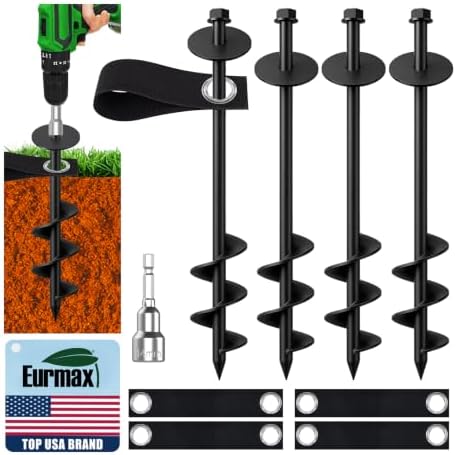 Eurmax USA 4 Pack Universal Ground Anchors High Wind, Heavy Duty Screw-in Trampoline Stakes with 4 Straps, Upgraded Commercial Anchor Kit for Outdoor Sheds, Swing Sets & Mobile Homes (Black) by Eurmax